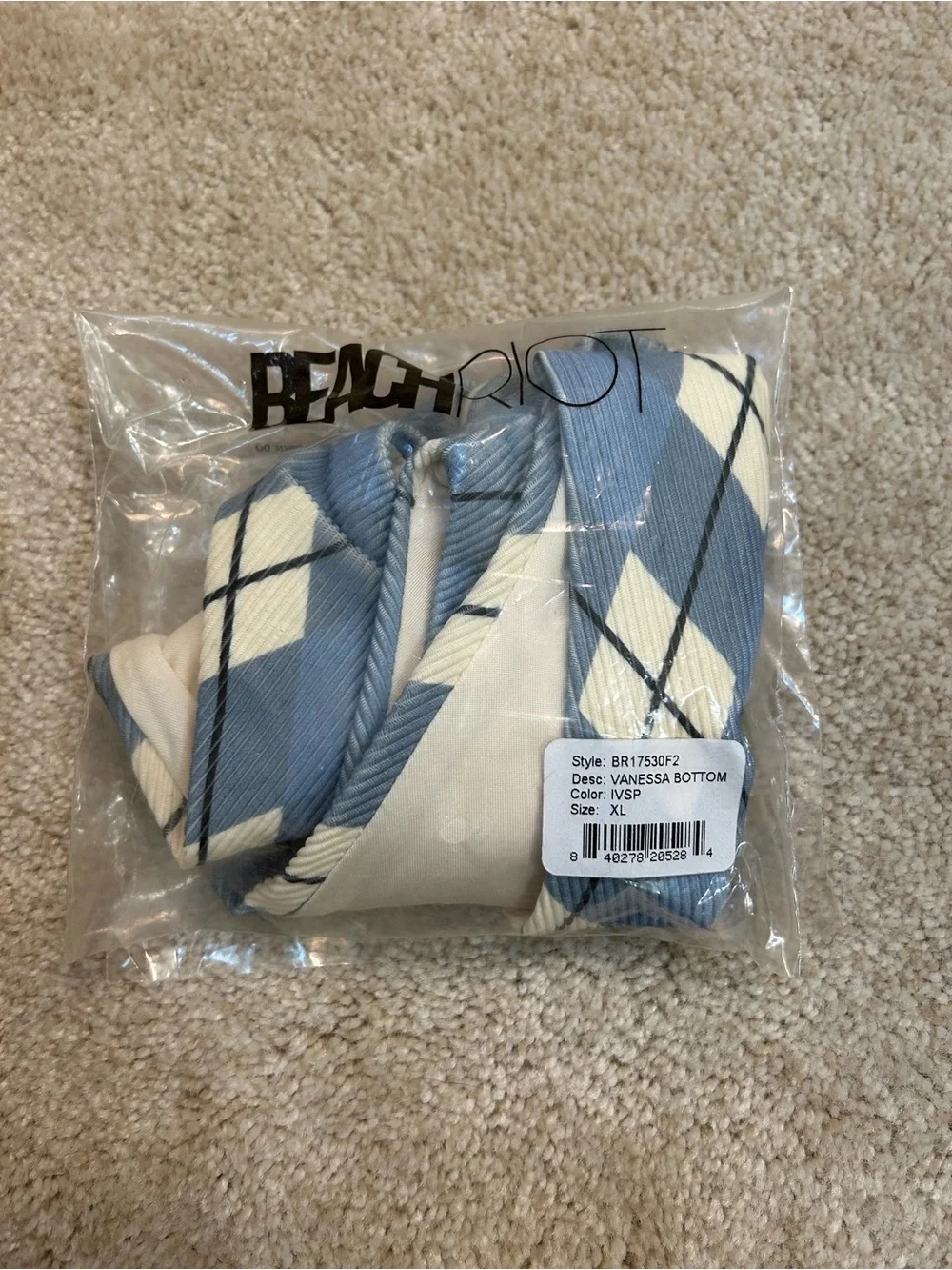 Beach Riot Vanessa Bikini Bottoms Blue Argyle NWT Cheeky High-Cut Swim Sz XL